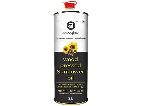 Anveshan Wood Cold Pressed Sunflower Cooking Oil - Heart-Healthy Good Fats, 2 L