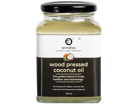 Anveshan Wood Cold Pressed Coconut Oil - For Hair, Skin, Cooking, 400 ml