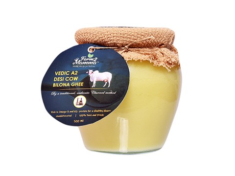 Farm2Mamma Vedic A2 Desi Cow Bilona Ghee - Rich In Omega-3 & Protein, For Healthy Heart, 500 ml