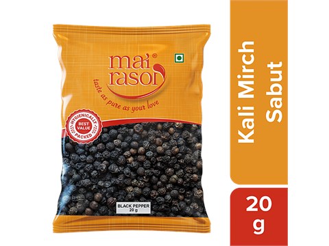 Mai Rasoi Black Pepper/Kali Mirch Sabut Whole - Premium Quality, Flavouring Agent, 20 g