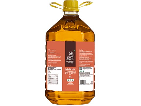 Phalada Pure & Sure Organic Groundnut Oil - Cold Pressed, Rich In Vitamin A, D & E, 5 L