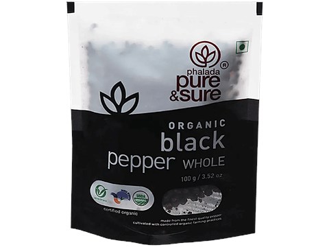 Phalada Pure & Sure Organic - Black Pepper/Kari Menasu Whole, 100 g