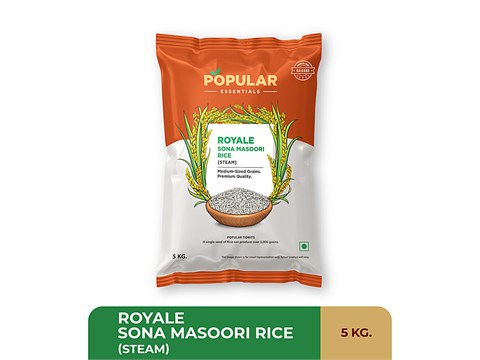 Popular Essentials Royale Sona Masoori Steam Rice, 5 kg