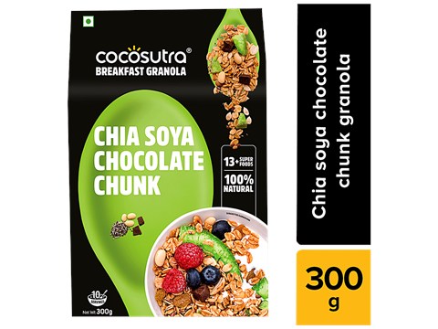Cocosutra Cereal - Granola, Chia Soya Chocolate Chunk, Breakfast Cereal With Oats, Nuts, Seeds, Dry Fruits, 300 g