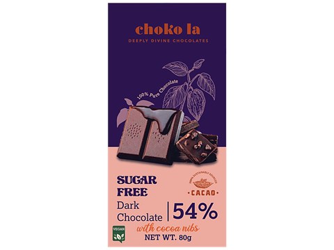 Choko La Sugar Free 55% Dark Chocolate - With Crunchy Cocoa Nibs, Vegan, 80 g