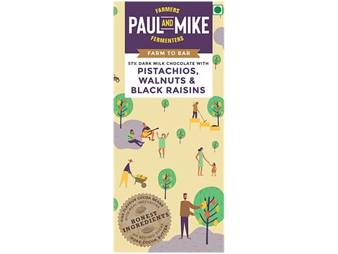Paul And Mike Pistachios Walnuts & Black Raisins Chocolate - 57% Dark Milk, No Refined Sugar, Natural, 68 g
