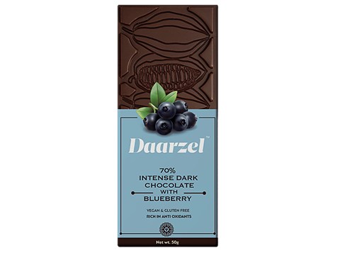 Daarzel 70% Cocoa Intense Dark Chocolate With Blueberry - Vegan, Gluten Free, 50 g