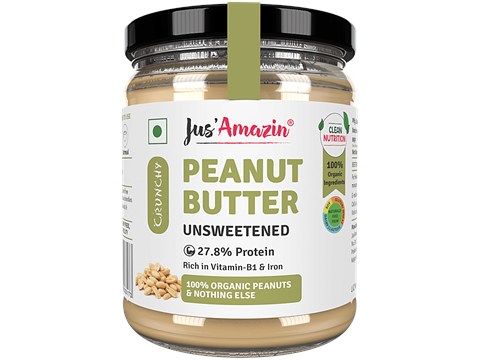 Jus Amazin Organic Peanut Butter - Crunchy, Unsweetened - 28% Protein, Peanuts, 500 g