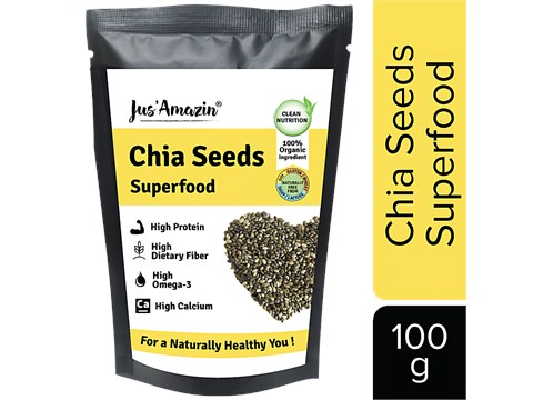 Jus Amazin Organic Chia Seeds - High Protein, Rich in Fiber, Omega3 & Calcium, Superfood, 100 g