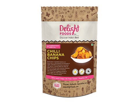 Delight Foods Chilli Banana Chips - Cold Pressed Sunflower Oil Fried, 200 g
