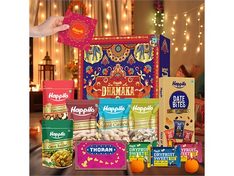 Happilo Dhamaka Gift Box | 11 Items | Dry Fruits, Date Bites, Toran & Laddu Candle | Hamper, 245 g