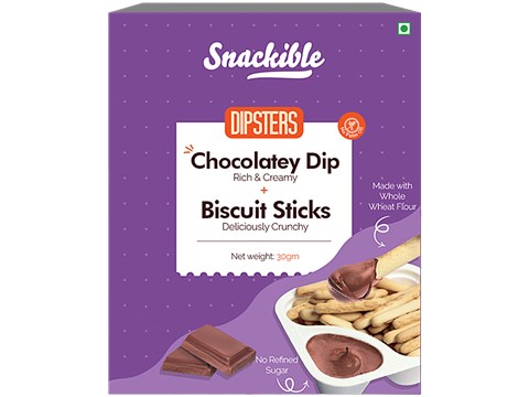 Snackible Dipsters Chocolatey Dip Rich & Creamy + Biscuit Sticks Deliciously Crunchy, 30 g