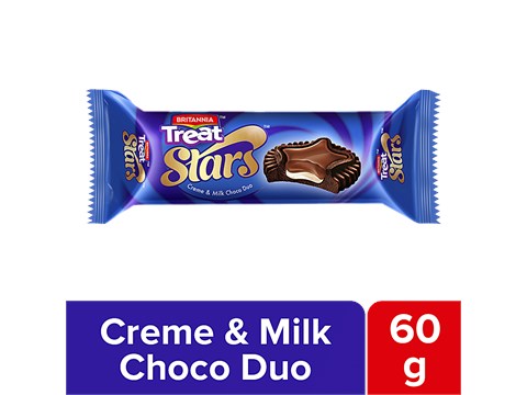 Britannia Treat Stars Creme Biscuits - Milk Choco Duo, 60 g