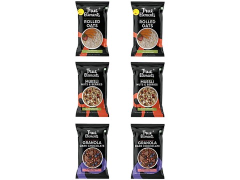 True Elements Weekly Breakfast Combo - Rolled Oats (38 g x 2) + Nuts & Berries Muesli (30 g x 2) + Baked Granola Almonds & Dark Chocolate (30 g x 2), 196 g