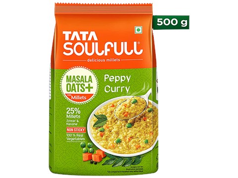 Tata Soulfull Masala Oats+ With 25% Millets, Peppy Curry, Non-Sticky, 500 g