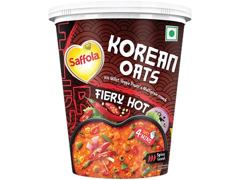 Saffola Korean Cuppa Oats Fiery Hot With Millet, Veggie Power & Multigrain Crunch, 56 g