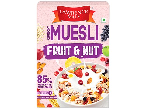 Lawrence Mills Crunchy Muesli - Fruit & Nut, 85% Fruits, Nuts & Multi-Grains, High In Fibre, 500 g