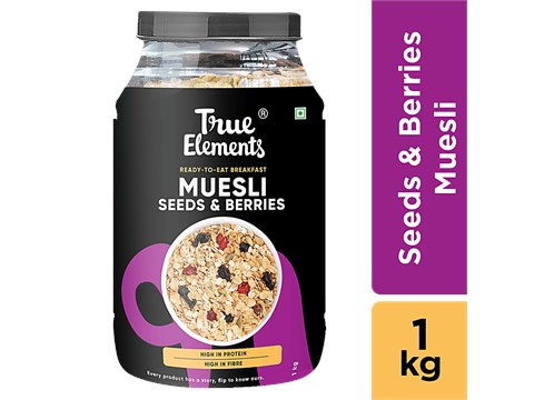 True Elements Seeds & Berries Muesli - High Fibre & Protein, Ready To Eat Healthy Breakfast, 1 kg