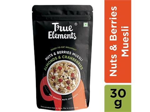 True Elements Crunchy Nuts & Berries Muesli - Ready To Eat Breakfast Cereal, High In Fibre, 30 g