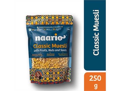 NAARIO Classic Muesli- Crunchy with Real Fruits, Nuts, Seeds | Fibre Rich | 0 Sugar, 250 g