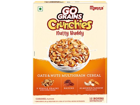 Manna Go Grain Crunchies - Nutty Buddy, Caramel Flavour, Oats & Nuts Multigrain Breakfast Cereal, For Kids, 300 g