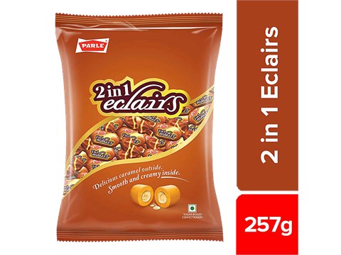 Parle 2 In 1 Eclairs Toffee - Enriched With Milk & Vanilla, Soft, 257 g