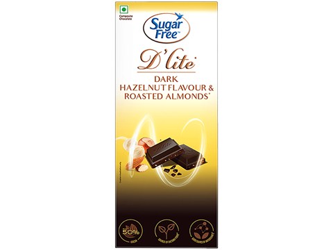 Sugar Free D'lite Hazelnut Flavour & Roasted Almonds Dark Chocolate Bar, 80 g