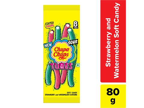Chupa Chups Strawberry, Watermelon Sour Long Tubes Soft Candy - With Center Filling, 80 g