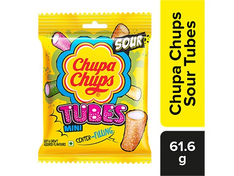 Chupa Chups Sour Mini Tubes Mixed Fruit Flavour Soft & Chewy Toffee, 61.6 g