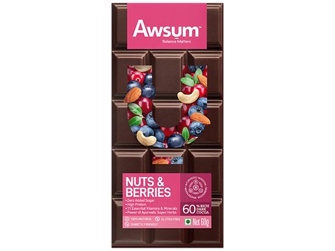 Awsum Nuts & Berries Chocolate Bar - Zero Added Sugar, High Protein,Natural & Diabetic Friendly, 60 g