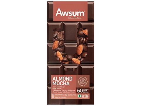 Awsum Almond Mocha Chocolate Bar - Zero Added Sugar, High Protein, Chocolate, Diabetic Friendly, Natural, 60 g