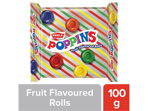 Parle Poppins Candy - Fruit Flavoured Rolls, Tangy & Crunchy, 100 g