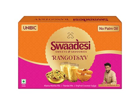 Unibic Swaadesi Rangotsav Holi Gift Box - Khatta Meetha Mix, Dry Fruit Coconut Gujiya, Thandai Mix, 340 g