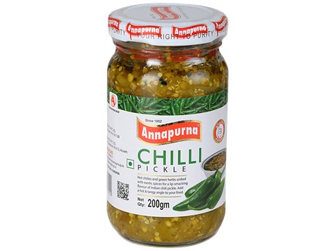 Annapurna Green Chilli Pickle - Hot & Tangy Flavour, 200 g