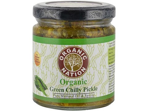 Organic Nation Organic Green Chilly Pickle - Pure Mustard Oil & Spices, 200 g