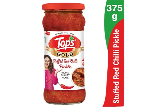 Tops Pickles - Gold Stuffed Red Chillies, Spicy Condiment, Accompaniment For Meals, 375 g
