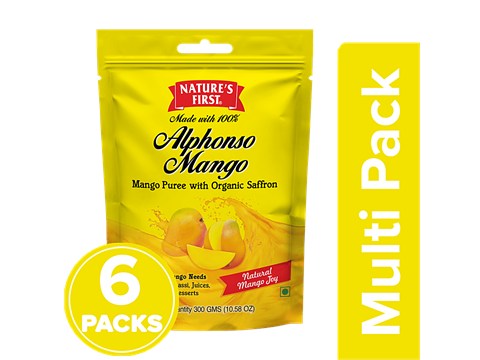 Nature's First Alphonso Mango Puree - With Organic Saffron, Sugar Added, No Preservatives Or Artificial Ingredients, 6 x 300 g