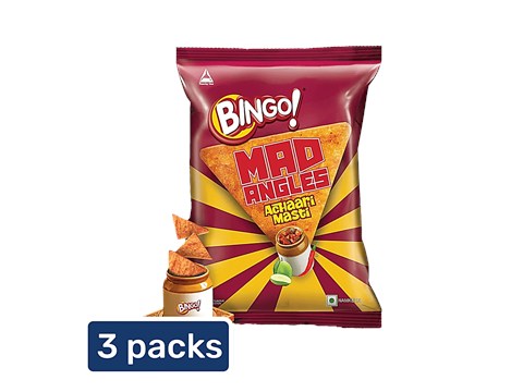 Bingo! Mad Angles Achaari Masti - Mango Pickle Flavour Crunchy Triangle Chips Pack, 3 x 60 g