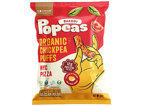 Nourish Organics Baked Popeas - Organic Chickpea Puffs, NYC Pizza, High in Protein, Gluten Free, 60 g
