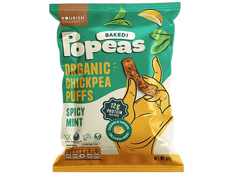 Nourish Organics Baked Popeas - Organic Chickpea Puffs, Spicy Mint, High in Protein, Gluten Free, 60 g