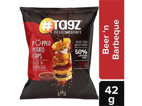 tagz Popped Potato Chips - Beer n Barbeque, Spicy & Crunchy, No Preservatives & Trans Fat, 42 g