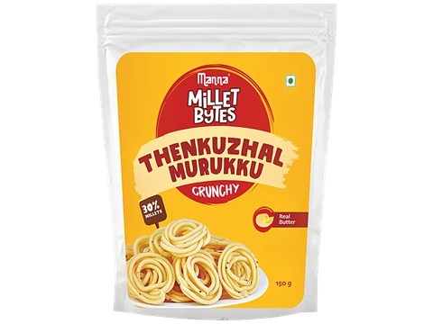 Manna Millet Bytes Thenkuzhal Murukku - With Real Butter, Crunchy, Traditional Indian Snack, 150 g