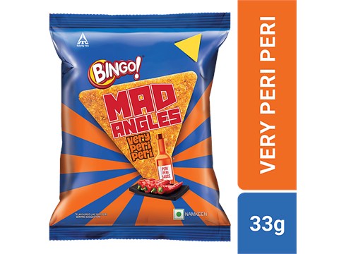 Bingo! Mad Angles Very Peri Peri - Corn-Based, Spicy Crunchy Chips, Perfect For Snacking, 33 g