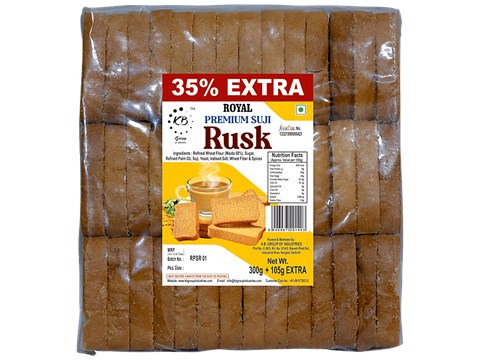 Royal Premium Suji Rusk - Crispy & Crunchy, Tea Time Snack, 405 g