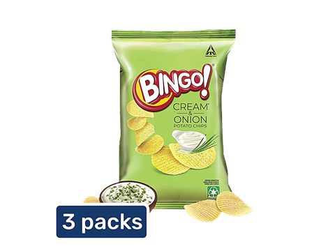 Bingo! Cream & Onion Potato Chips, 3 x 45g