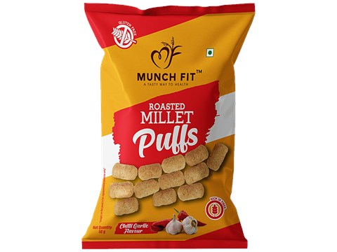 Munch Fit Roasted Millet Puffs - Chilli Garlic Flavour, Rich In Fiber, Healthy Snack, 50 g