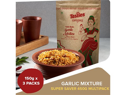 Tasties Origins Namkeen - Garlic/Lahsun Mixture, Authentic Tamil Nadu Speciality, Savoury Snack, 3x150 g