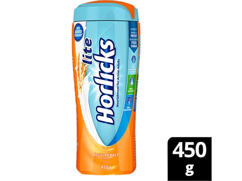 Horlicks Lite Regular Malt Flavour Nutritional Drink, No Added Sugar For Adults, 450 g