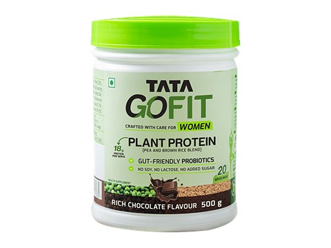 Tata GoFit Plant Protein Powder - Rich Chocolate Flavour For Women, Gut-Friendly Probiotics, 500 g