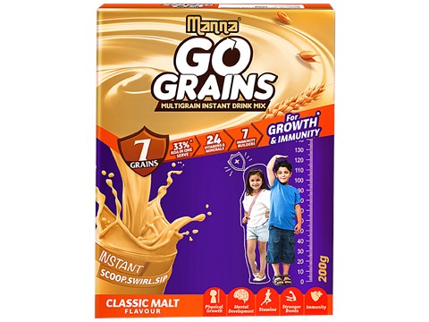 Manna Go Grains Multigrain Instant Drink Mix - For Growth & Immunity, Classic Malt Flavour, 200 g